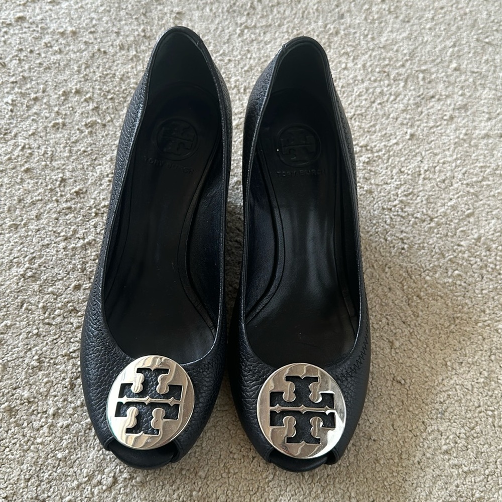 Tory Burch black leather with silver logo wedge